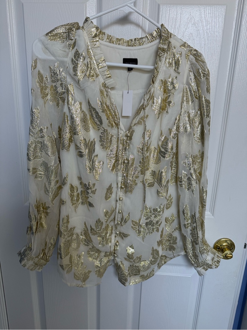 Talbots Cream Blouse with Gold Leaf Embroidery - Women’s